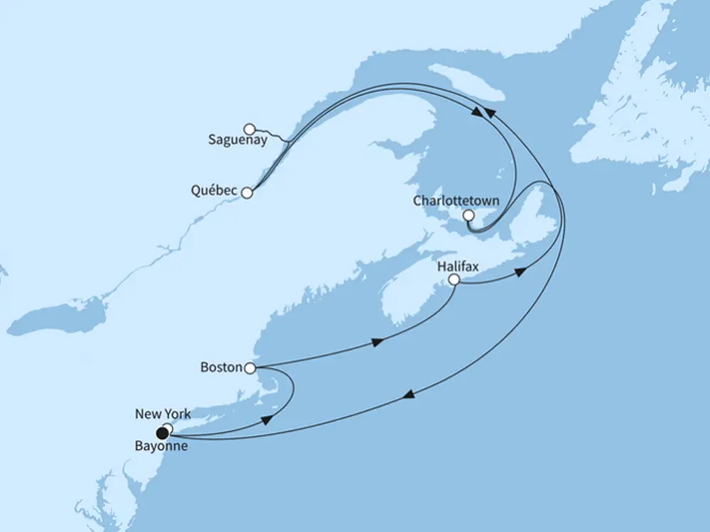 Ostküste der USA und Kanada - ab/bis Bayonne - Routenbild